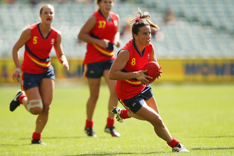 AFL 2016 Media - SANFL All Stars Womens Match MELBOURNE, AUSTRALIA - APRIL 2: Jessica Sedunary of SA Reds in action during the SANFL All Stars Womens match at Adelaide Oval in Adelaide, Australia on April 2, 2016. (Photo by James Elsby/AFL Media)